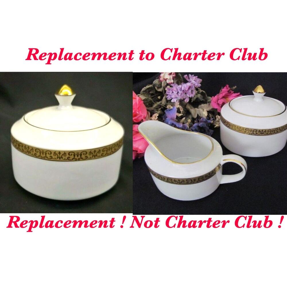 Charter Club Grand Buffet sugar bowl + creamer white Gold rim MACY's Porcelain